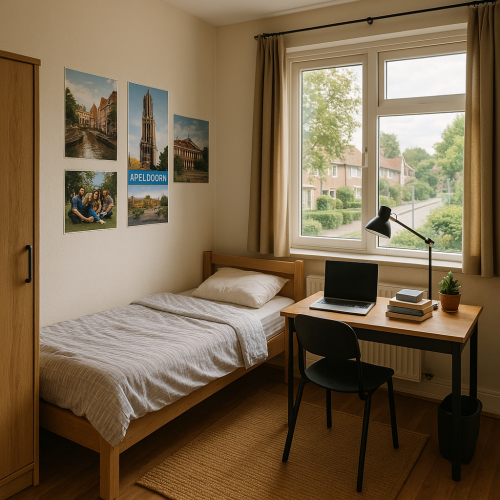 Create a realistic and cozy image of a student room located in Apeldoorn, Netherlands. The room shou