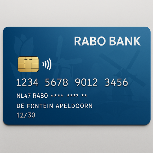 Design a realistic-looking but clearly fictional Dutch bank card. The card should include the follow