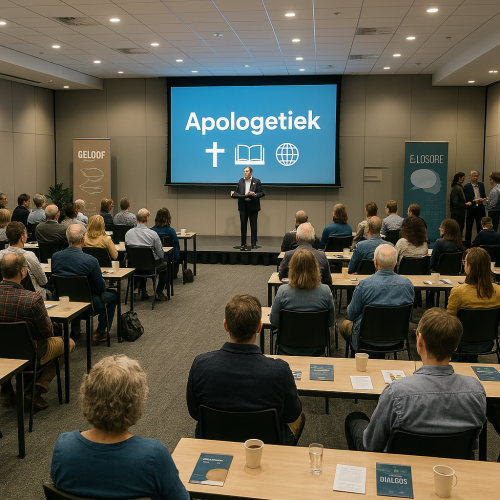 Een congres over apologetiek in een moderne conferentiezaal. Het publiek bestaat uit mensen van vers